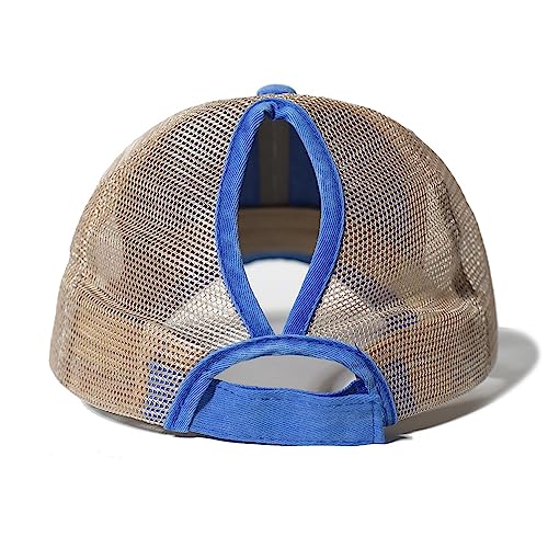 Image of Women's Baseball Cap Distressed Style Roral-blue Ponytail Messy-Bun Golf Cap Adjustable Sportswear Hat Trucker, One Size-Medium