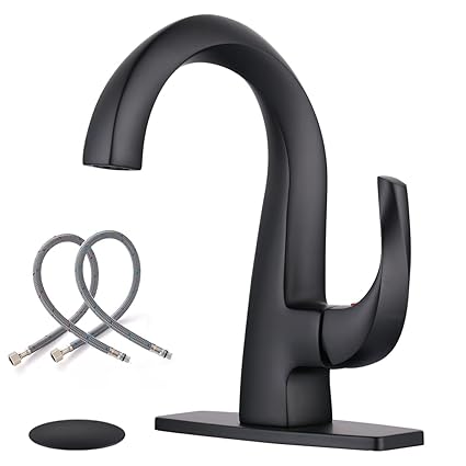 WOWOW Black Bathroom Faucet 1 Handle 1 Hole Bathroom Basin Faucet with Deck Plate Pop up Drain Stopper Modern Faucet for Bathroom 3 Hole Bar Sink Faucet Commercial Faucet Vanity Faucet Solid Brass