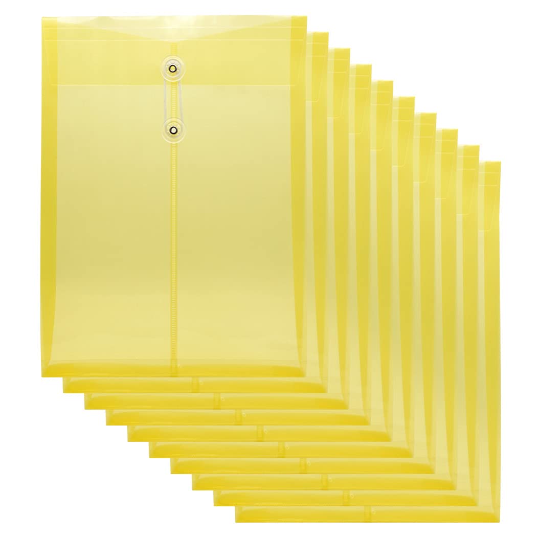 Clear Plastic Envelopes Poly Envelopes Expandable File Document Folders with String Tie Closure, Letter A4 Size, 1-1/4 Inch Expansion, Yellow, 10 Pack