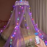 Unicorn Castle Princess Bed Canopy for Girls 3 Door Design Canopy for Bed Double Layer Canopy Bed Curtains with Remote Timer, Purple