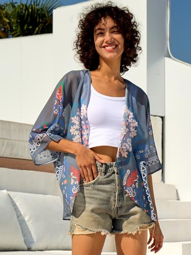 Image of Chunoy Women Summer Casual Open Front Blouse Top Lightweight Chiffon Kimono Beach Wear Cover Up Grey XX-Large