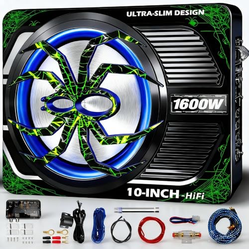 Image of 2026 Upgraded 1600W Car Subwoofer, 10 inch Ultra-Thin Under-Seat Sub with Built-in Amplifier, (LPF /Gain /Bass Boost) LED Ambient Lights, Independent Bass Knob, Distortion-Free Deep Bass (B)