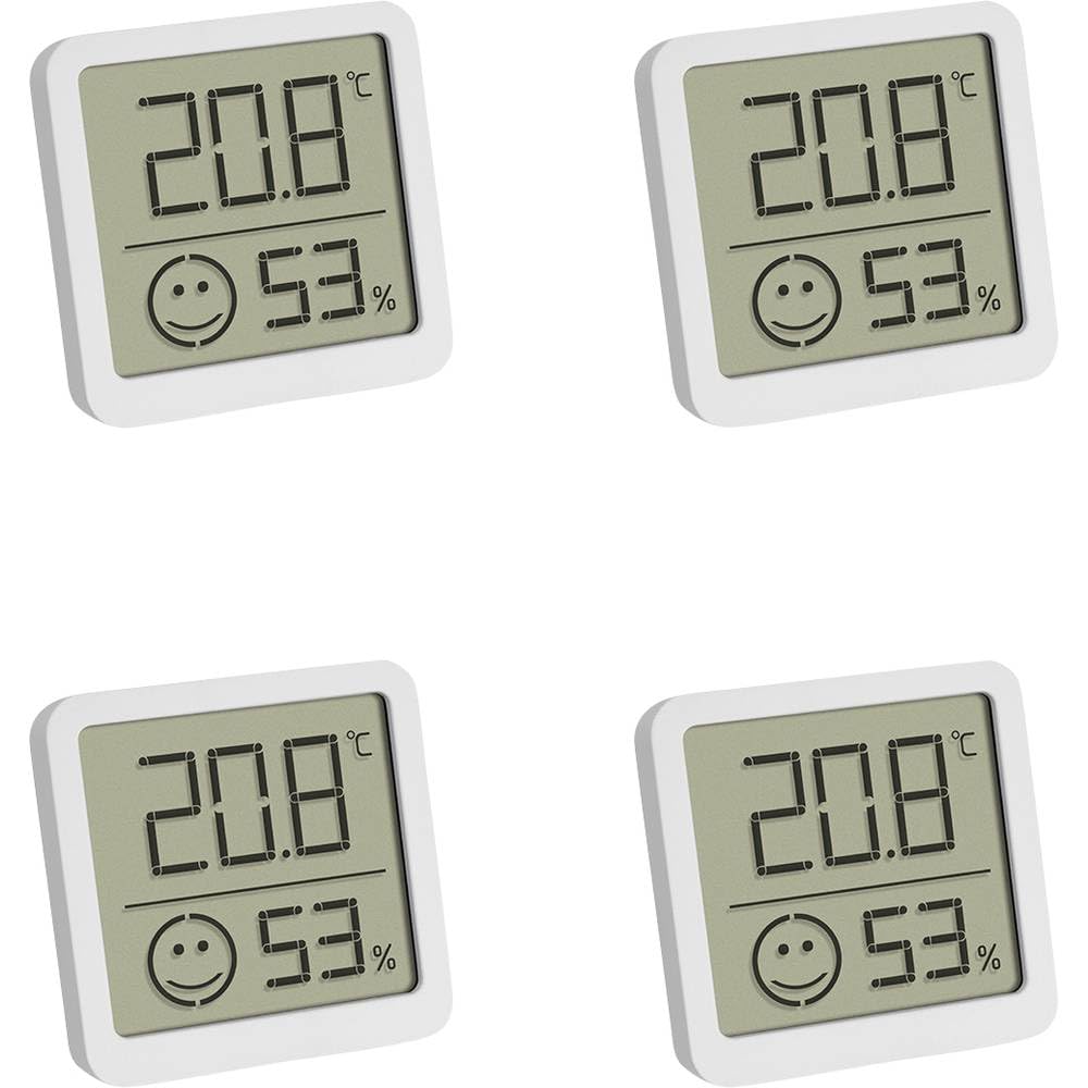 TFA Dostmann Cyfrowy termohigrometr, zestaw 4 sztuk, 30.5053.02.04, temperatura wewnętrzna i wilgotność powietrza, mały i poręczny, do postawienia lub zawieszenia, biały