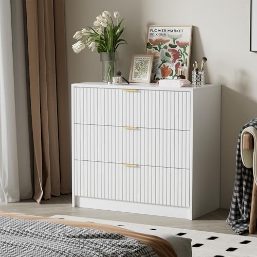 Image of Furniway Fluted Nightstands Set of 2, 31.5 inch Large Bedside Tables with 3 Drawers, Modern Wood Night Stands with Storage for Bedroom, White