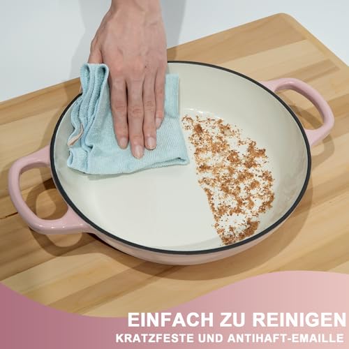 Gusseisen Topf Brot Backen,5,7L Bräter Emaille Schmortopf mit Deckel und Griffen,26 cm Dutch Oven,Brotbacktopf mit Gärkorb,Schmortopf Gusseisen Topf für Küche Backen Schmoren & Braten (Rosa) 5