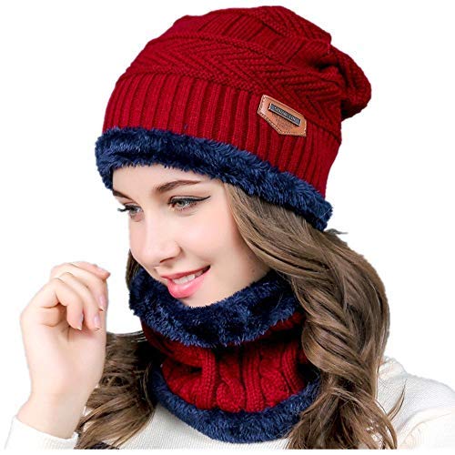 malvina 2Pcs Women's Winter Knitted Hats+ Scarf Set|Warm Fleece Lining Cap with Neckwarmer (Red, Freesize)-picture-45