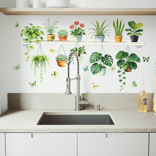 Image of Green Plant Wall Stickers, 3D Bonsai Tropical Betterfly Creative Vinyl Peel and Stick Removable Wall Art for Living Room Bedroom Home Office (Green Plant 5)