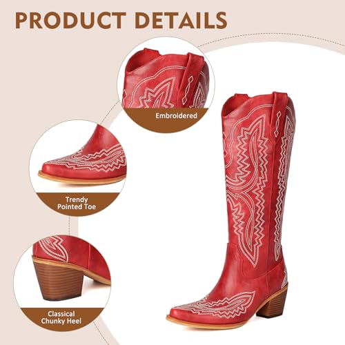 Image of Knee High Cowboy Boots Women Western Embroidered Cowgirl Boot Pointed Toe Chunky Heel Pull On Side Zipper