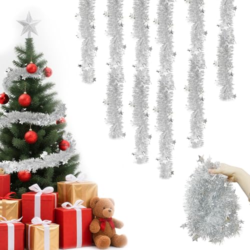 Ghirlanda Natalizia, 6Pezzi Ghirlanda di Natale Orpelli Natalizi, 3M Ghirlanda Albero di Natale, Garland Orpelli Natalizi, per Casa Interni ed Esterni Decorazioni Natalizie DIY, mit Stella (Argento)