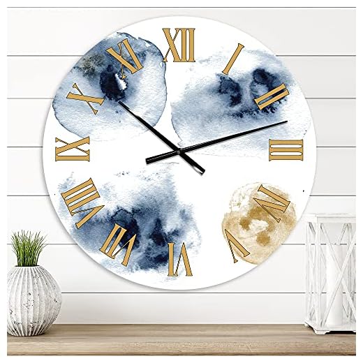 DesignQ Modern Wall Clock 'Abstract of Dark Blue and Gold Cloud' Abstract & Fractals Large Wall Clock for Living Room Decor