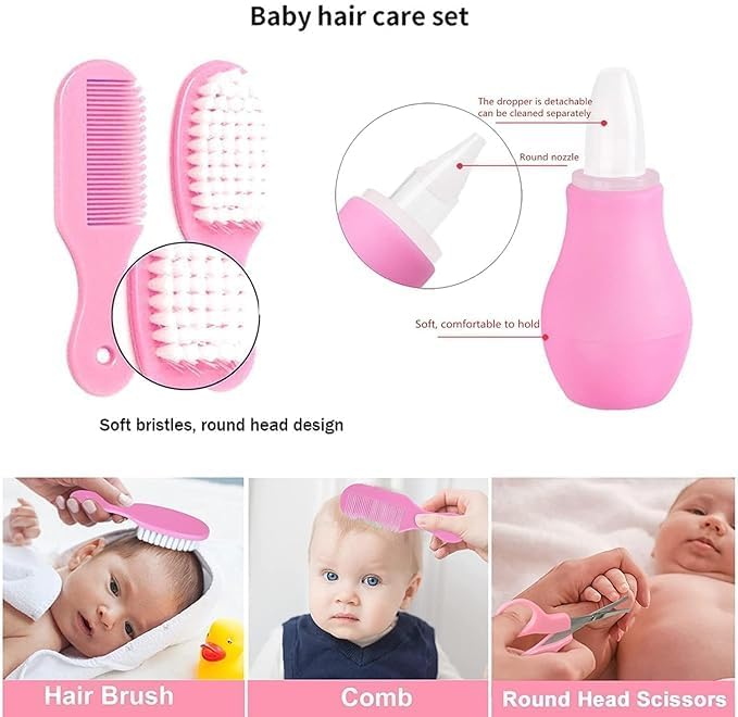 Allureknit Studio New Born Baby nail Clipper care Scissors Comb Brush Nose Cleaner Safety for Toddler Infant 6 Pieces Set healthcare, Portable grooming Kit Accessories Baby Shower care gifting Set for unisex baby (Pink, Baby Grooming Manicure kit 6 51O7WVYO0aL