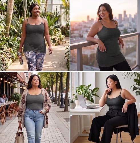 Image of Women's Long Cotton Camisole Spaghetti Strap Tank Top | 95% Cotton 5% Spandex Longline Basic Cami Undershirt with Adjustable Straps