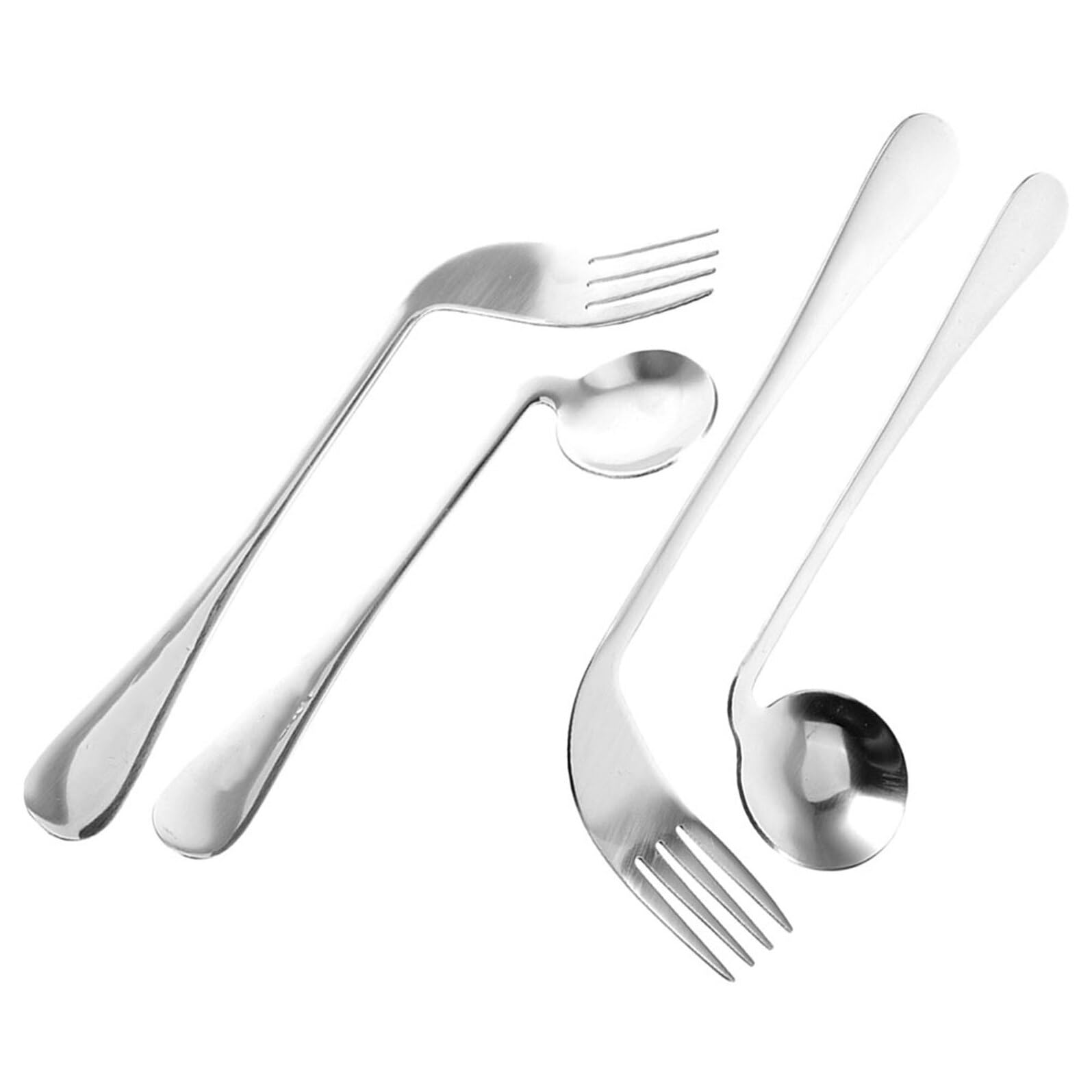 Generico Set 4 Utensili Angolati in Acciaio Inox per Autoalimentazione Anziani e Disabili, Cucchiai e Forchette Ergonomiche per Assistenza Pasti a Letto, Utensili Pesanti per Presa Debole