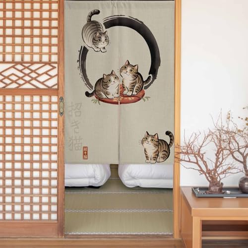のれん ドアカーテン 透けない 遮光 幅85p×丈200cm 間仕切り ロッドポケット 断熱 防音 厚地 UVカット 保温 節電対策 装飾 玄関 ドア 寝室 暖簾 おしゃれ 目隠し 和風 可愛い招き猫 ベージュ色バック 洗濯機対応