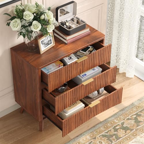 Image of Evermagin 31.5 inch W Larged Fluted Nightstand, Mid Century Modern 3 Drawer Night Stand, Small Wood Dresser for Bedroom, Wide Oversized Bedside Table, Walnut