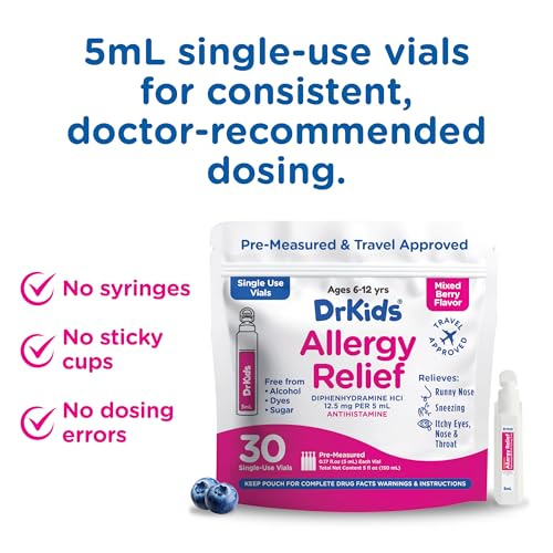 Image of Dr. Kids Children's Allergy Relief Medicine with Diphenhydramine HCl 12.5 mg - Pre-Measured Single-Use Vials, Kids Antihistamine for Sneezing, Runny Nose & Itchy Eyes, Mixed Berry Flavor, 30 Count