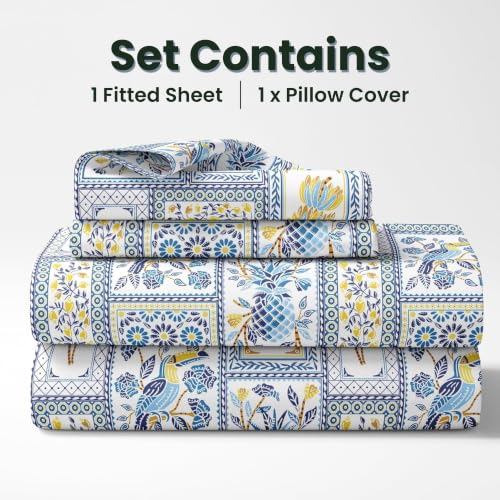 Image of LORETO - A QUALITY LINEN BRAND 144 TC 100% Pure Cotton Single Fitted Bedsheet with 1 Pillow Cover for 72 x 36 Inch Mattress, All-Around Elastic, 8 Inch Deep Pocket, Royal Parrot Flora Print - Blue