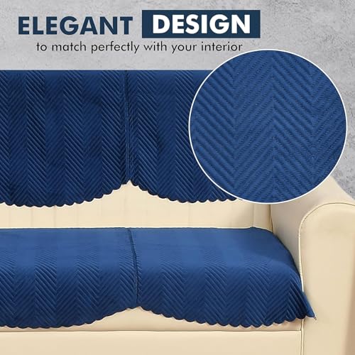 Image of L Shape 7 Seater Velvet Sectional Sofa Cover, Quilted with Fringe Detail, L-Shaped Couch Protector-Pack of 14 (Navy Blue)
