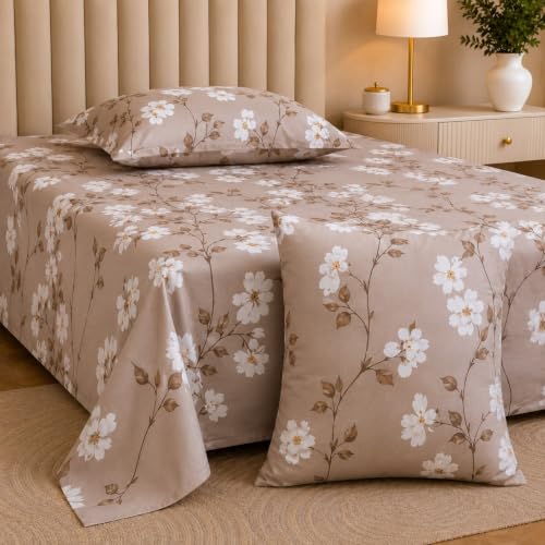 Image of Castiqa Cotton Feels Microfiber Fabric Floral Designs Super King Size Fitted Bedsheet with 2 Pillow Covers 72x78 inch (Fits Upto 12Inch Mattress) (Coffee Floral)