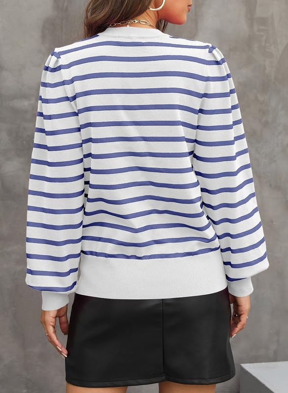 Image of Dokotoo Women's Striped Sweaters Puff Long Sleeve Crewneck Ribbed Knit Pullover Jumper Tops