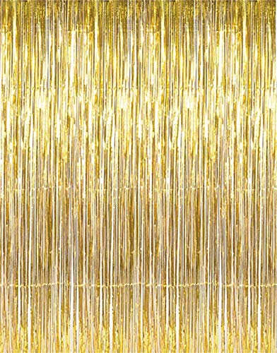 Door Rain Curtain Metallic Foil Tinsel Fringe Tassel Curtain Rain Room Wedding Birthday Christmas Party Banquet Decoration Stage Tinsel Backdrop Photo Props Background, 92x245cm (Gold)