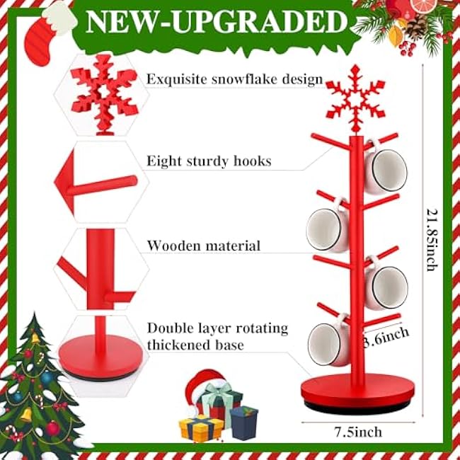 Coffee Mug Holder Tree Upgraded 360¡ã Rotated 8 Hooks Mug Holder for Countertop Black Cups Storage Rack Wood Coffee Cup Rack for Christmas Kitchen Accessories(Snowflake)