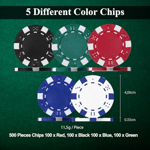 HOMASIS Pokerset mit 500 Chips, Poker Koffer mit 2 Kartendecks, 5 Würfel, Kasino-Matte, 3 Dealer Button, abschließbar Pokerkoffer Profi aus Alu, Komplettes Poker Set Pokerkarten für Partys (Silver) – Bild 5