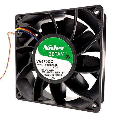 Front view of the ELOMILE VA450DC V34809-90 cooling fan, showing the fan blades and the attached red, black, and yellow wires for electrical connection.