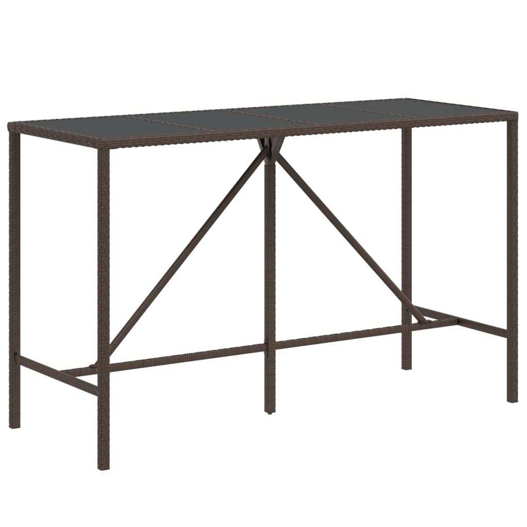 Mesa de bar con tablero de cristal marrón, 180 x 70 x 110 cm, ratán sintético, resistente a la intemperie, mesa alta con marco de acero pulverizado y placa de cristal templado para terraza