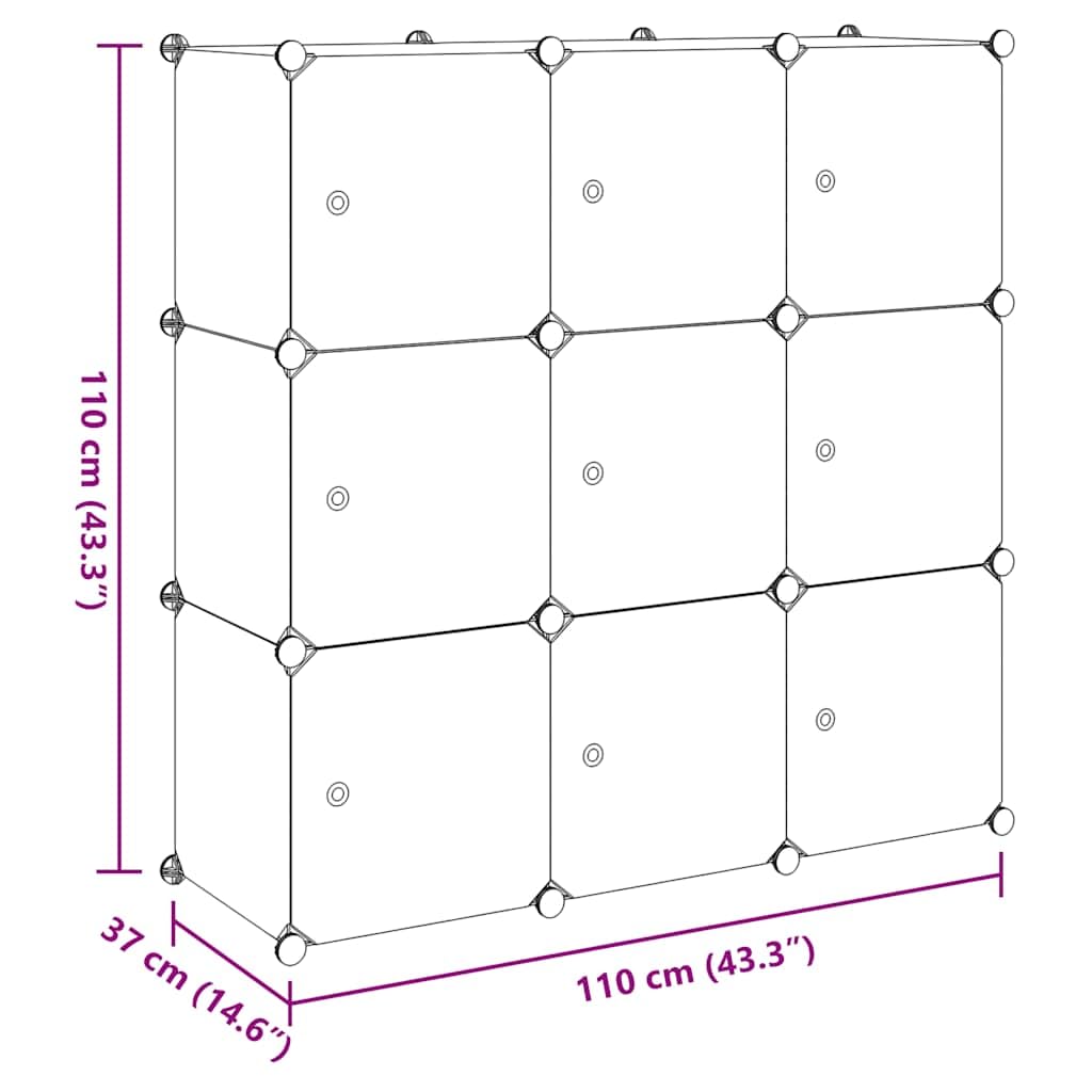 Estantería de 9 estantes modulares de polipropileno y alambre de acero, organizador versátil para salón, oficina o pasillo, estantería de pie en blanco y negro, dimensiones 110 x 37 x 110 cm