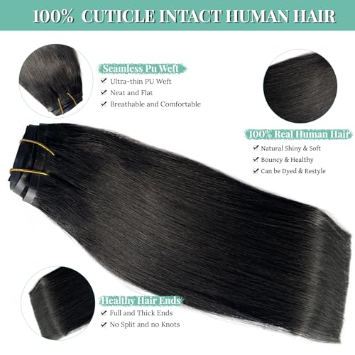 Image of Seamless Clip in Hair Extensions Human Hair, Natural Black Hair Extensions Real Human Hair Clip ins Extensions 7pcs 100G 16 Inch, Ubetta Straight Remy Human Hair Extensions for Women