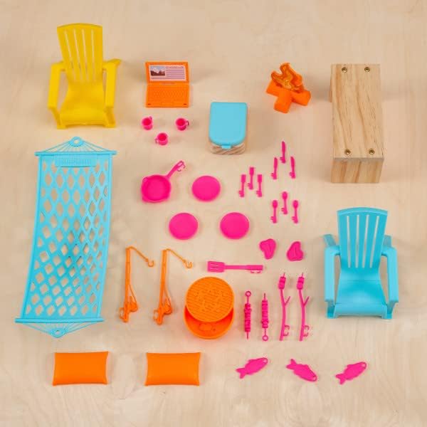 All 40 accessories for the KidKraft Glamp & Go Doll Camper laid out