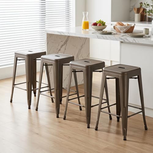 Image of FDW 24 inch Metal Counter Stools Set of 4, Stackable, Bronze | Heavy-duty steel frame | X-brace support | Stackable backless design | Kitchen island, patio and bar seating