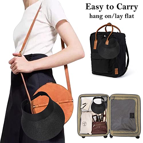 Women Wide Brim Straw Visor Sun Hat Uv Protection Packable Beach Cap For Summer Upf 50+(Black) #TOP3