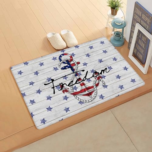 4th of July Antifatigue Kitchen Bath Door Mat Cushioned Runner Rug,Washable Welcome Floor Sink Mat,Waterproof & Non-Slip Standing Doormat for Kitchen,Nautical Anchor Red Blue Stars Wood Grain 24