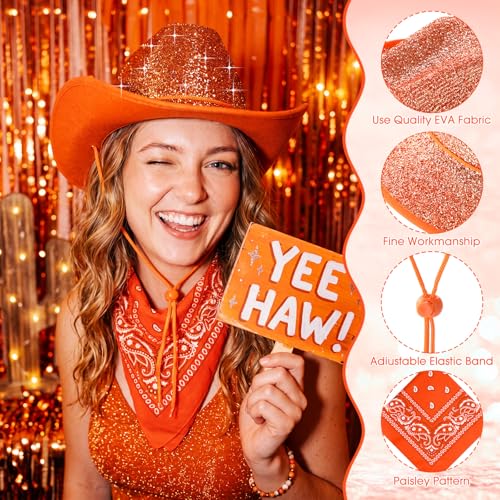 Image of Coume 12 Pcs Sparkly Adults Cowboy Hat and Bandanas Women Men Western Glitter Cowgirl Party Hats with Adjustable Drawstring