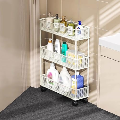 3-Tier Slim Rolling Storage Cart - Mobile Shelving Unit for Kitchen, Bathroom & Laundry - Narrow White Mesh Shelf with Drainage, Easy-Clean Wheels for Convenient Organization