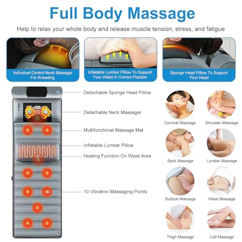 Colchón de masaje con calefacción, tapete de masaje de cuerpo completo con 20 cabezales vibratorios y terapia de calor para aliviar el dolor de espalda y piernas, plegable para un fácil almacenamiento