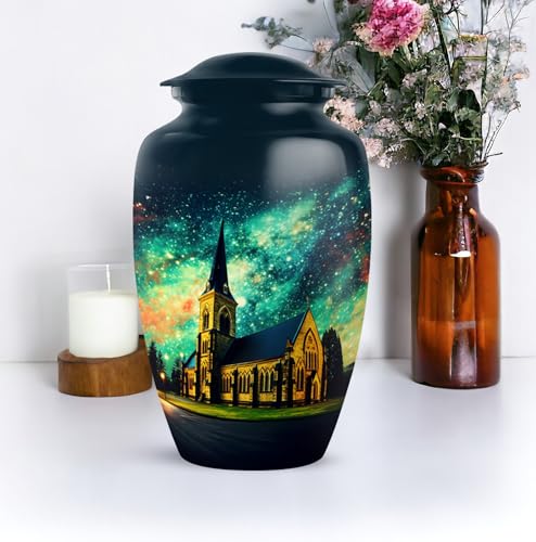 Image of Personalized Church Steeple Night - Funeral Urns For Men - Large Cremation Urn For Ashes For Women - Unique Burial Urns - 10 Inch - Large With Velvet Bag - Adult Decorative Urn For Mom & Dad