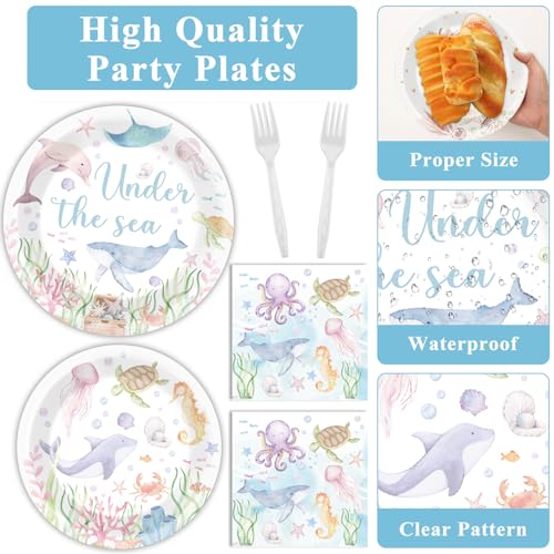 Image of 96 Pcs Under the Sea Party Decorations Ocean Plates and Napkins Sea Turtle Theme Tableware Set Decor Party Supplies for Birthday Wedding Baby Shower Sea Animal Party Favors for 24 Guests