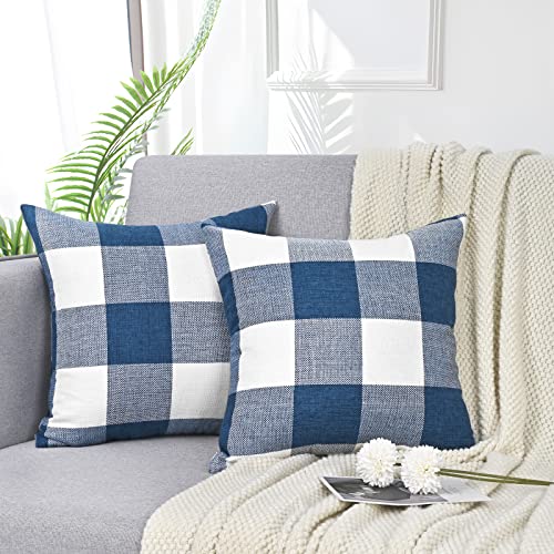 Yastouay Buffalo Plaid Throw Pillow Covers Set Of 2 Square Pillow Cover Case Navy Blue & White Buffalo Plaid Pillow Cover For Home Decor Sofa Bedroom 18" X 18" #TOP1