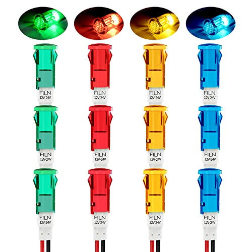 FILN 12 Stück 10 mm 12 V 24 V LED Kunststoff Kontrollleuchte Messing vernickelt Lichter Pilotsignal mit rot-grün-blau-gelbem Signallicht (12 V - 24 V 3 Rot + 3 Grün + 3 Gelb + 3 Blau 12 Stück) Cover