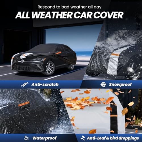 Image of Multi-Layer Car Cover Custom Fit for VW Jetta(2005-2026), 100% Waterproof All Weather for Automobiles, Gift with Towel, Heavy Duty Car Covers for Rain Sun UV Protection with Door Zipper