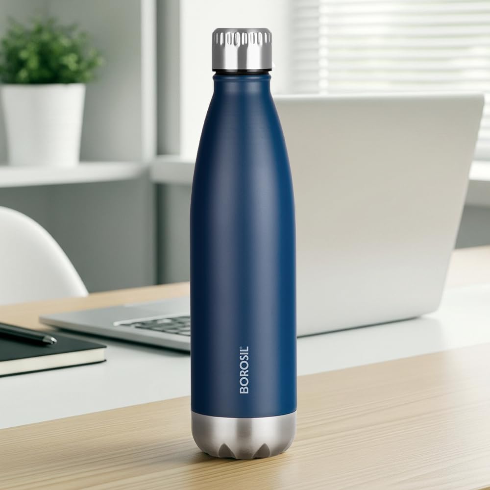 Borosil 500 ml Hydra Bolt Matte Blue Stainless Steel Water Bottle | Double Wall Vacuum Insulated Flask | 24 Hours Hot and Cold | Bottle for Office, Gym, School | 1 Year Warranty