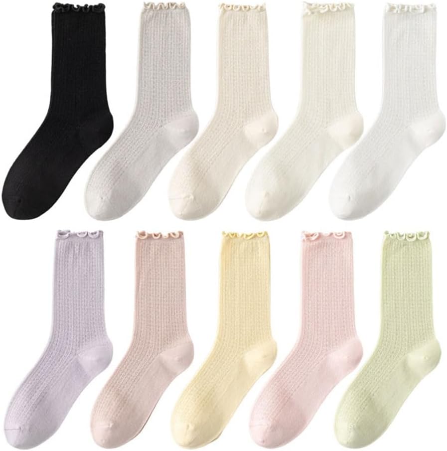Pile up Socks for Girls with Boneless Mesh and Wooden Ear Edges Loose Mouthed Medium Tube Cotton