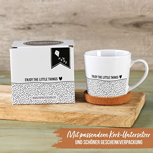 Papierdrachen Hochwertige Tasse aus Keramik mit passendem Kork Untersetzer - Tischdeko - Kaffeetisch - Kaffeetasse - Enjoy the little things - für Kaffee, Tee und mehr – Bild 2