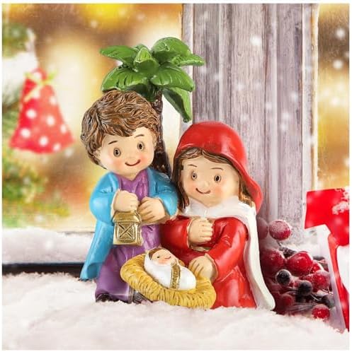 Holy Family Figurines with Tree - Nativity Set for Christmas Indoor, Baby Jesus with Manger Catholic Resin Sculpture for Living Room Centerpiece, Christmas Shelf Decor