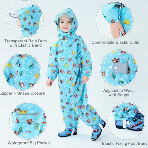 Image of Fewlby Toddler Rain Suit for Boys Girls Kids Raincoats With Hood One Piece Baby Rain Jacket Waterproof Coverall 1-10 Years