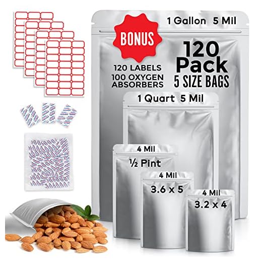 PRILUX Mylar Bags for Food Storage - 120 Stand Up Mylar Bags & Mylar Bags with Oxygen Absorbers - 10 Mil 1 Gallon, Quart & 8 Mil Small, Reusable Heat Sealable Zipper Resealable Airtight Food Storage