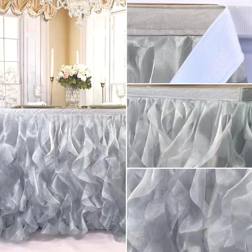Image of Luxury Organza Mesh Table Skirt Draping Floating Romance - Perfect for Bridal Showers, Birthday Weddings - Clear Flowing Decoration for a Wonderful Main Cake Table (Silvey Grey-6ft, 72 inchLx30 inchH)